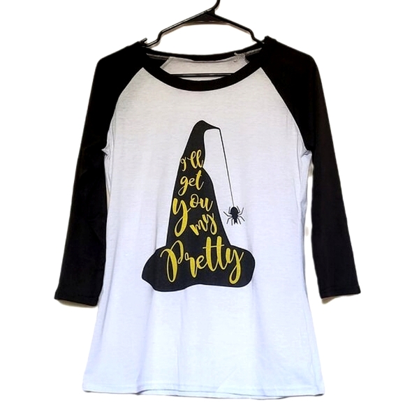 "I'll Get You My Pretty" Black & White Raglan Shirt Small Witch Hat Wizard of Oz - Picture 1 of 3